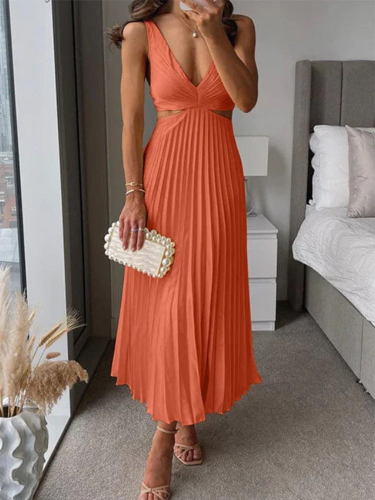 Pleated Waist Cut-out Long Dress