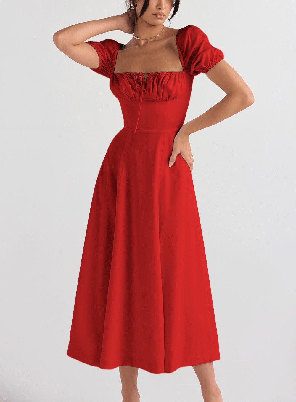 Lace-up Solid Color Puff Sleeve Slit Dress