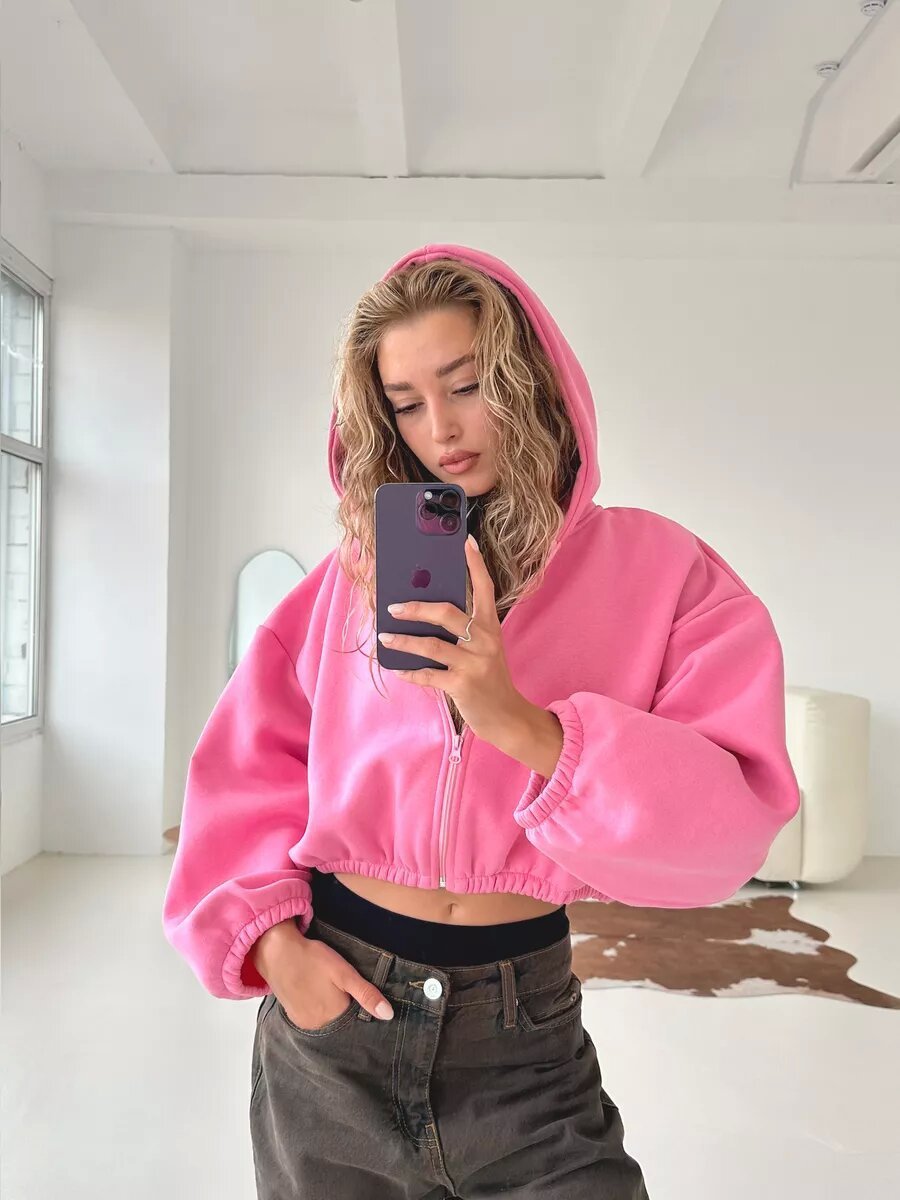 Cropped Hoodie Jacket With Zipper