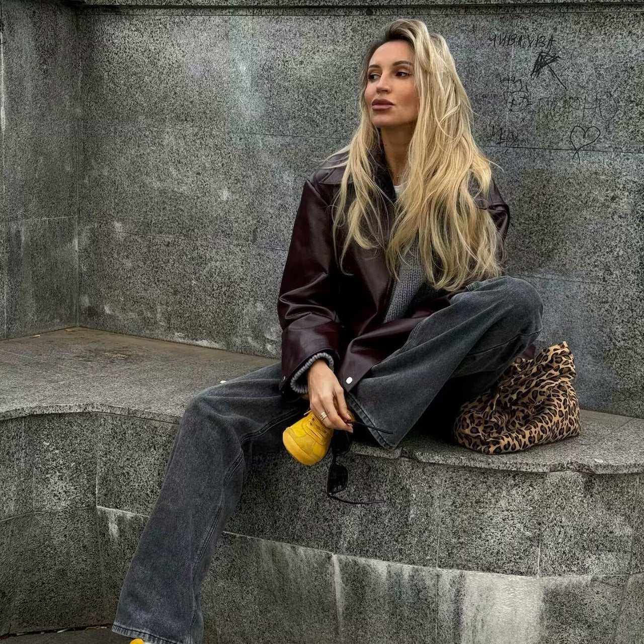 Long Sleeve Leather Zipper Jacket