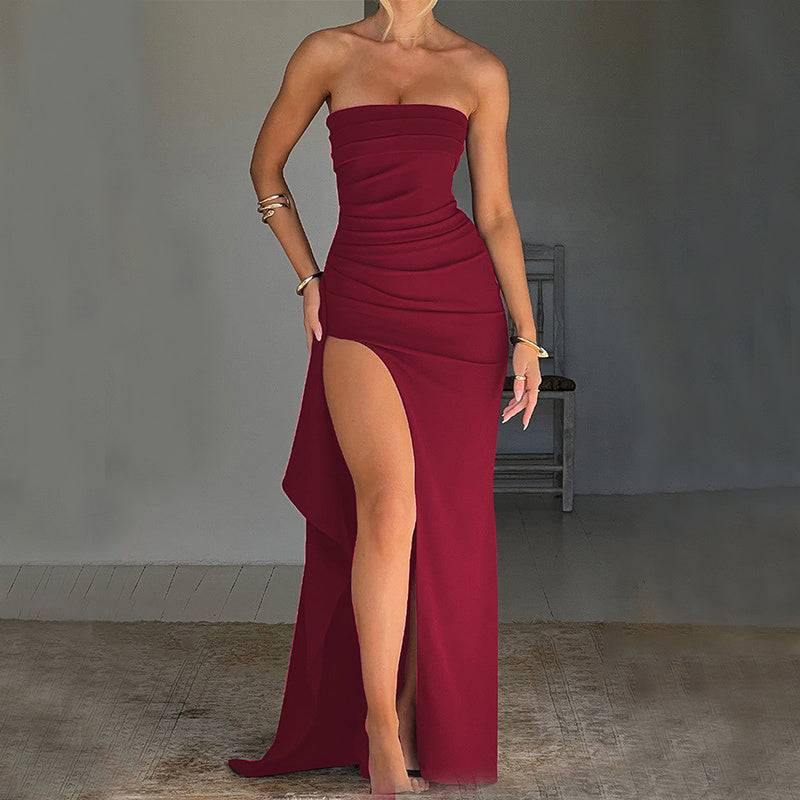 Strapless Pleated Slit Long Dress