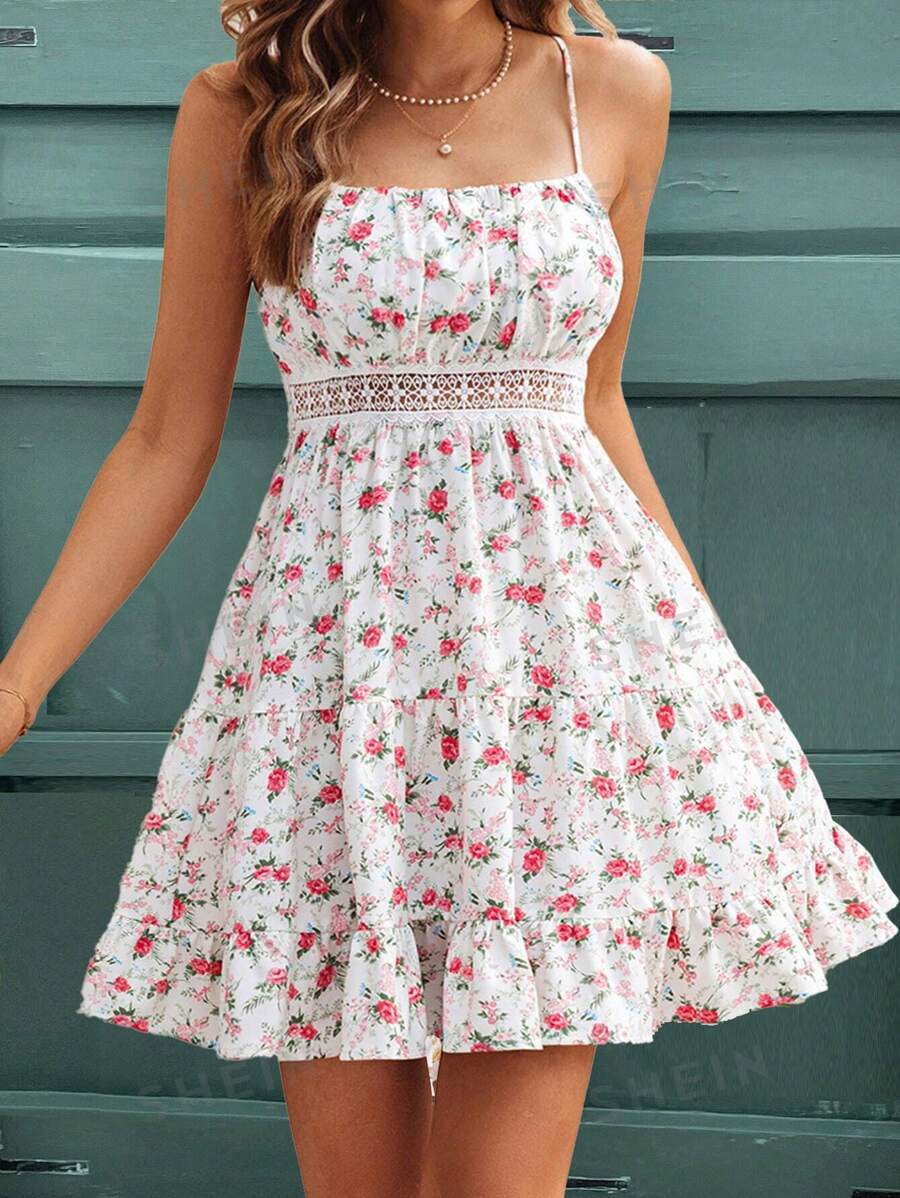 Adjustable Shoulder Strap Floral Print Short Dress