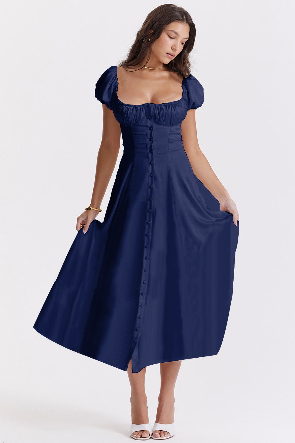 Summer Button-down Gathered Neck Puff Sleeve Dress