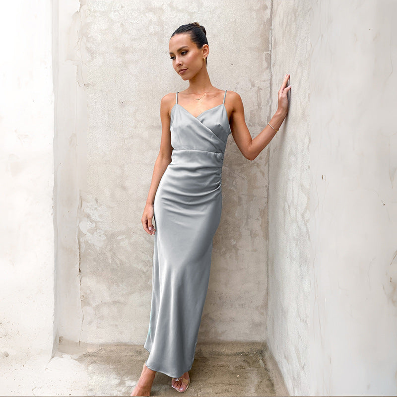 Spaghetti Straps Slit Satin Long Dress Women