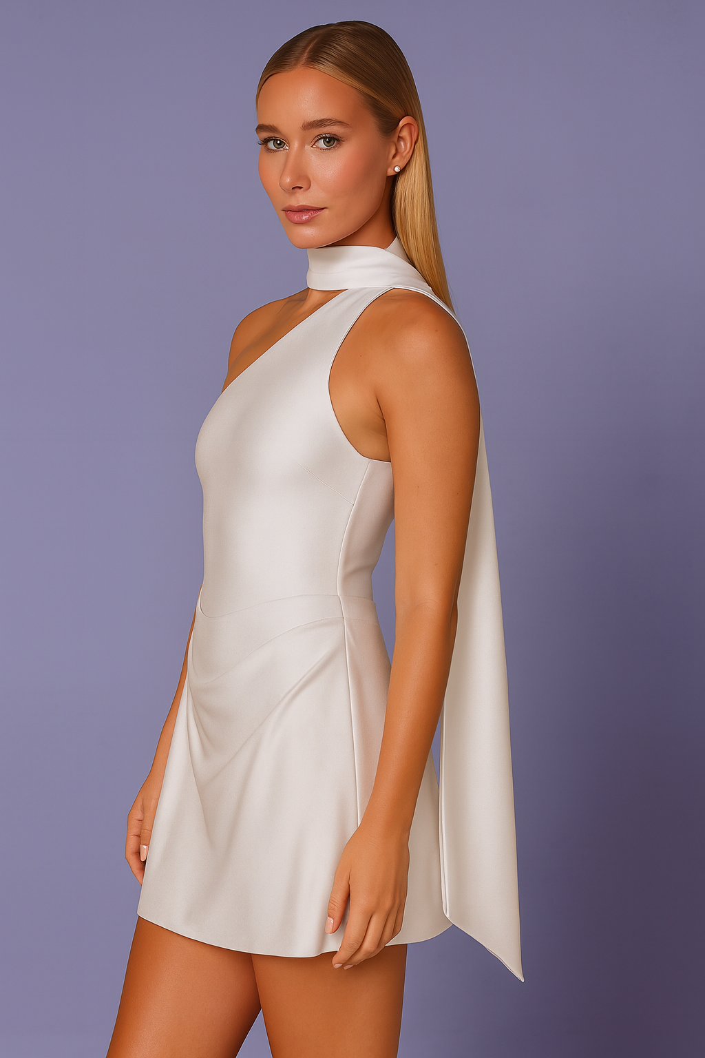 One-Shoulder Satin Scarf Mini Dress