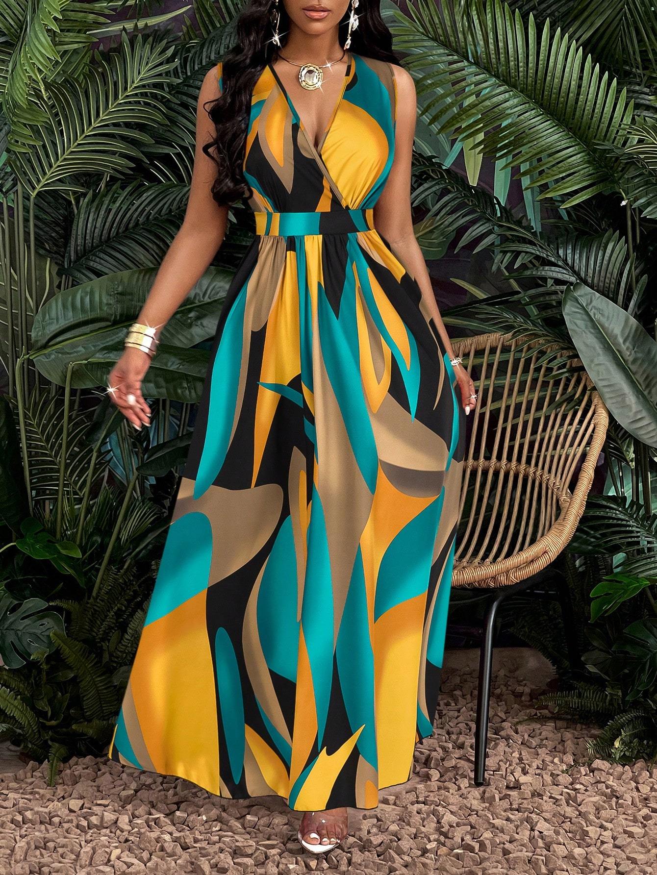 Printed Deep V Neckline Fit And Flare Maxi Dress