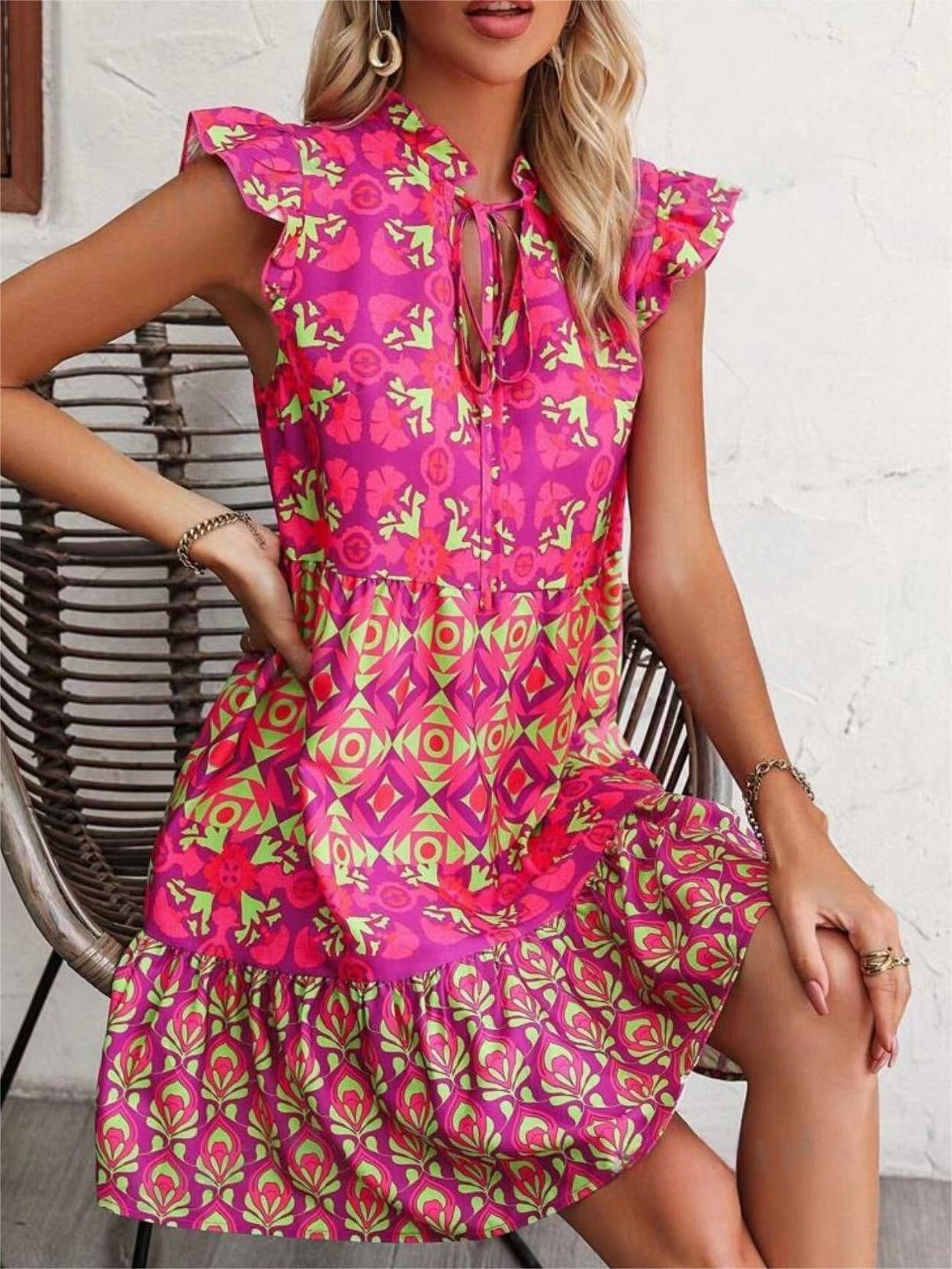 Printed V-Neck Sleeveless Dress