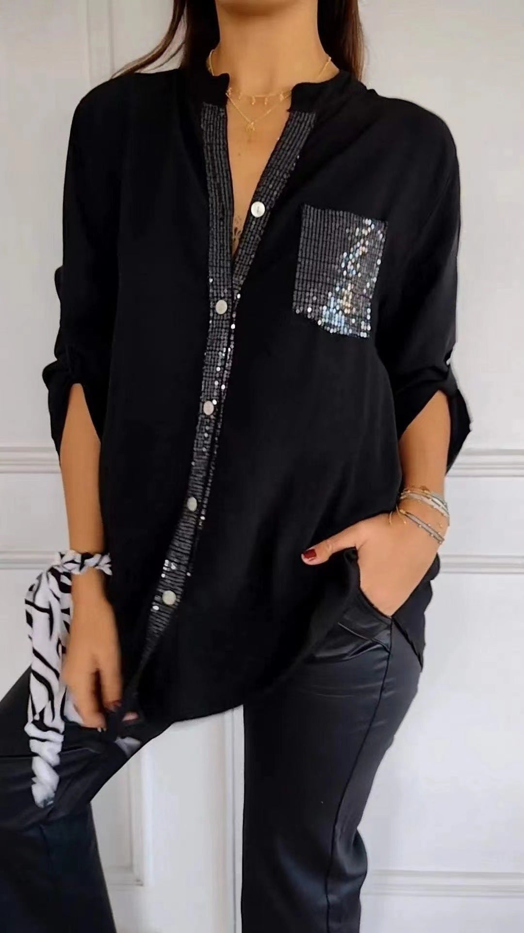 Button-down Long Sleeve Shirt With Sequin Pocket
