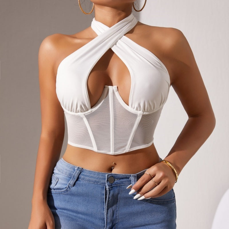 Sheer Mesh Cross-Halter Neck Corset Top