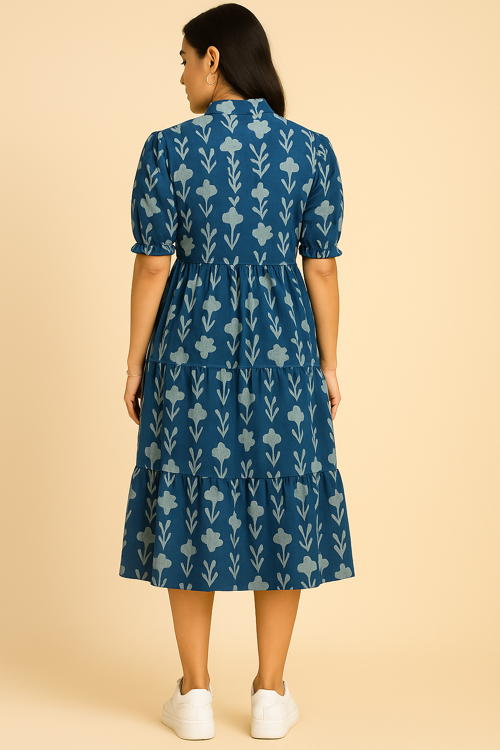 Navy Floral Tiered Midi Dress with Puff Sleeves