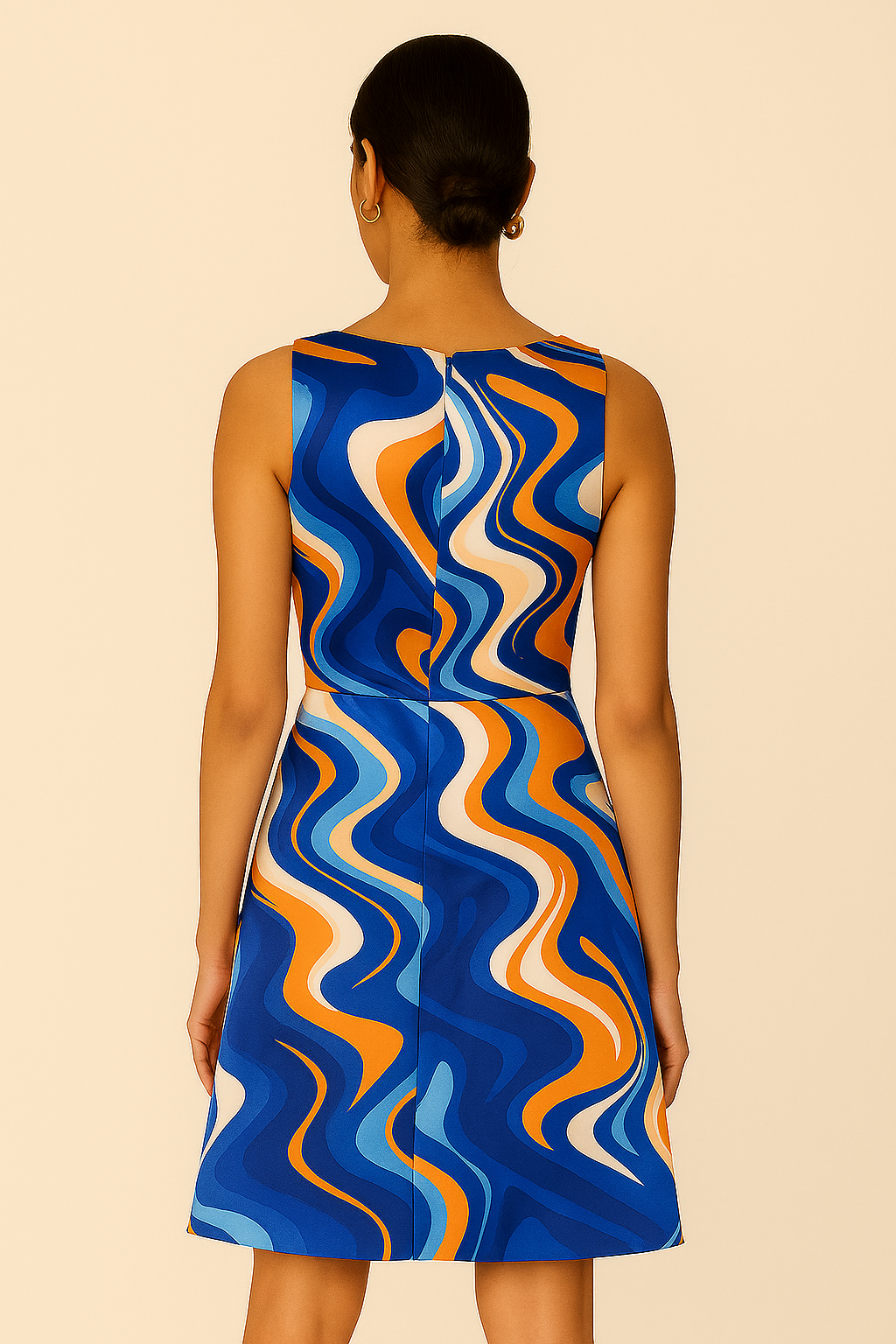 Vibrant Wave Print Sleeveless A-Line Dress