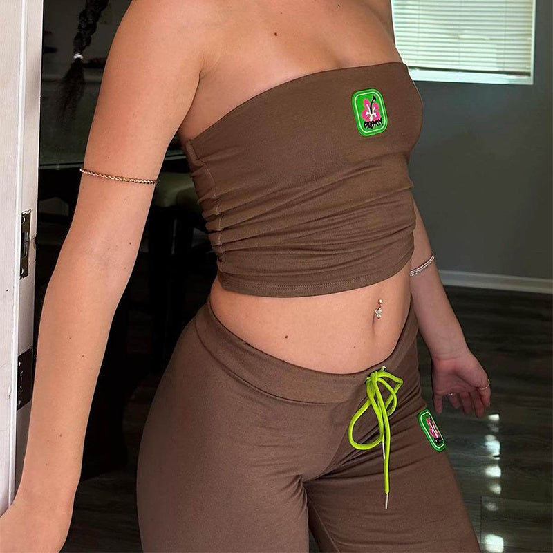 Embroidery Tube Top & High Waist Drawstring Bell-bottomed Pants Co-ord Set