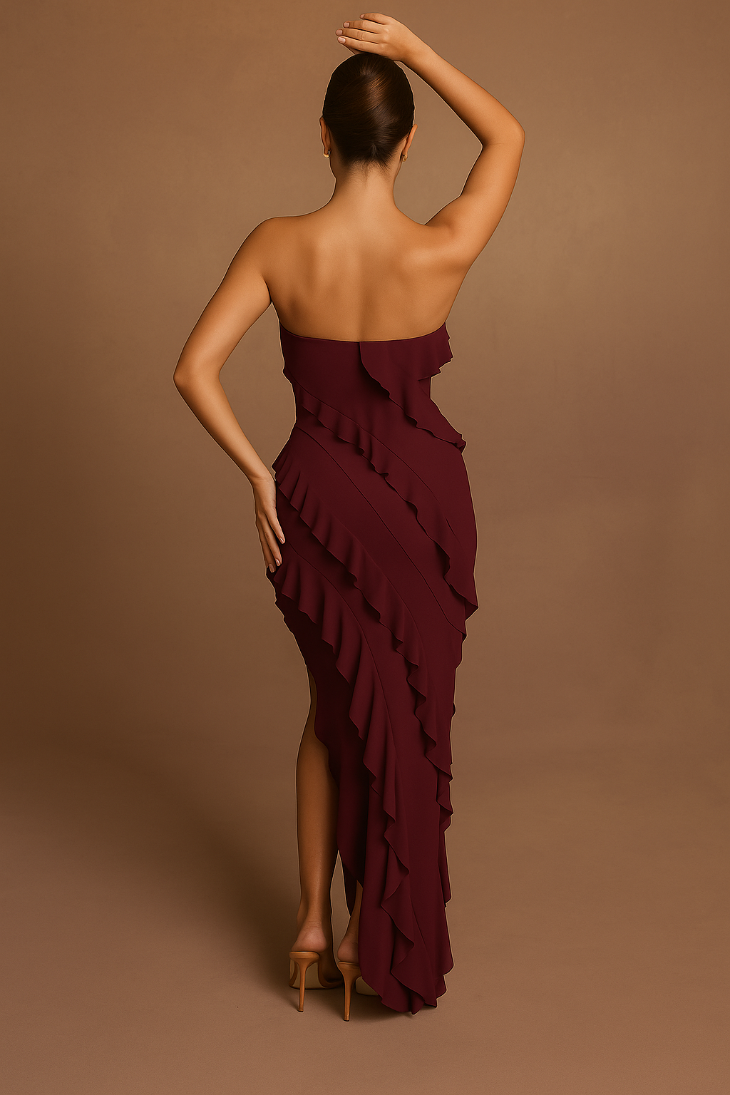 Elegant Ruffle Slit Strapless Maxi Dress
