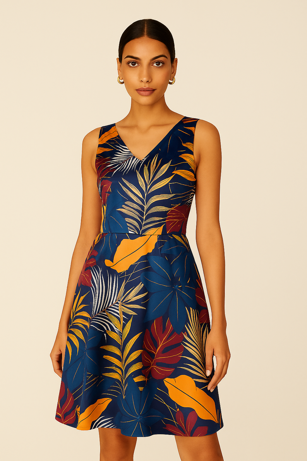 Tropical Bloom V-Neck Sleeveless Fit & Flare Dress