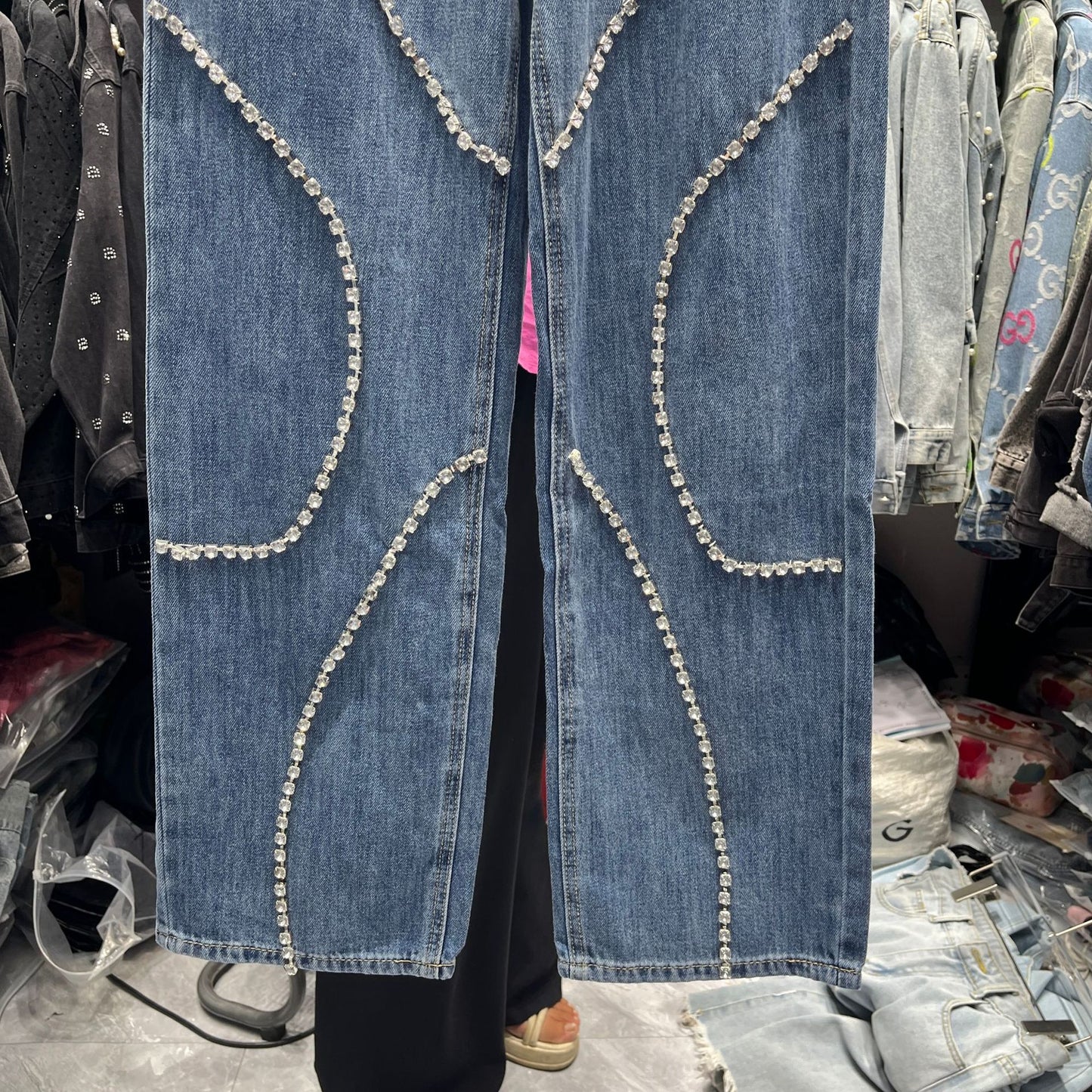 Rhinestone Design Wide-Leg Trousers