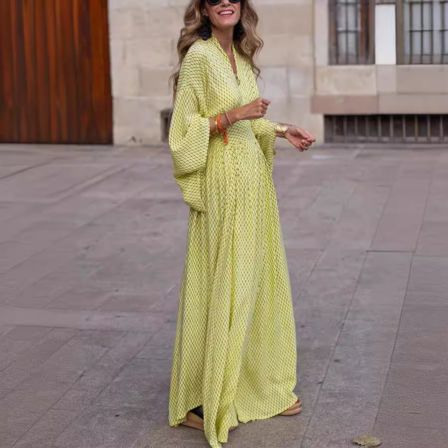 V-neck Bat-sleeved Fit & Flare Long Dress