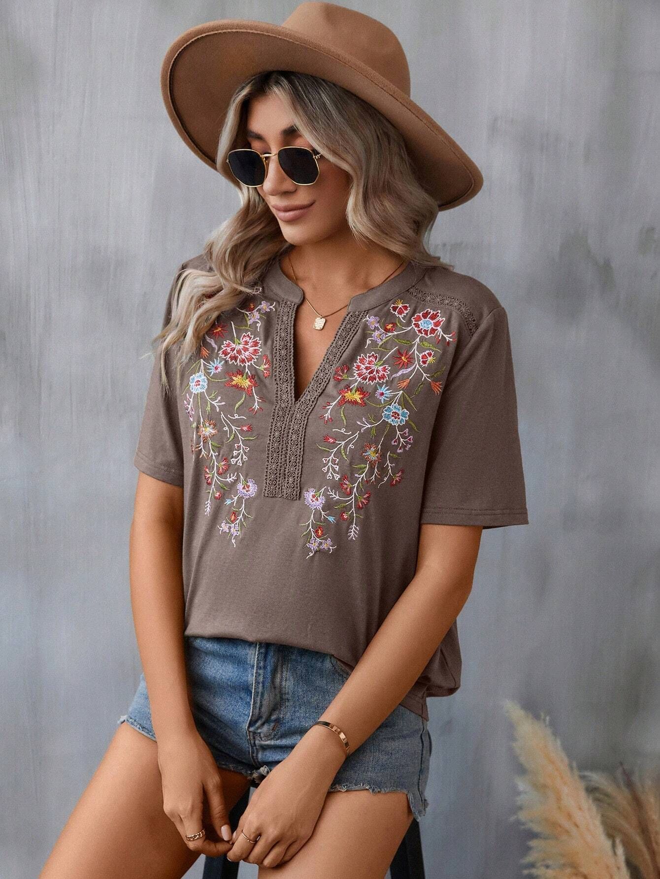 Flowers Embroidery Short Sleeve T-shirt