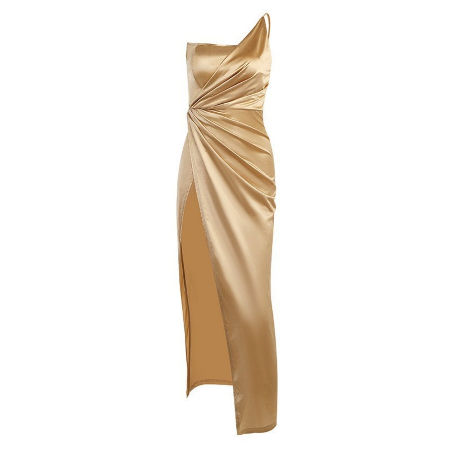 One-Shoulder Satin Corset Slit Dress