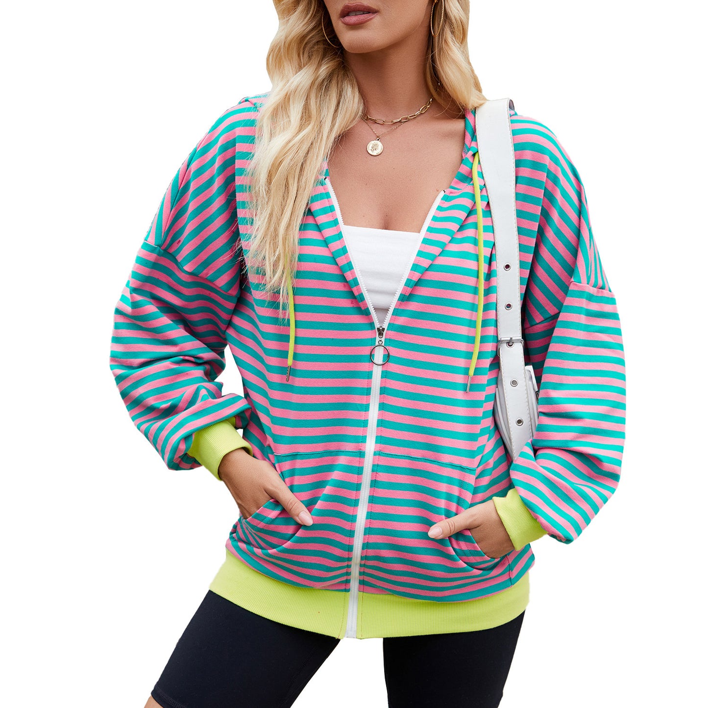 Striped Zipper Hooded Sweatshirt Jacket with Pockets