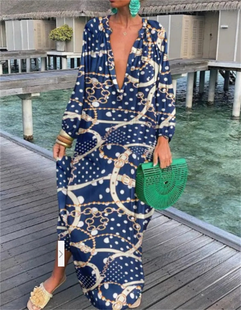 Printed Long Sleeve V-Neck Swing Loose Long Dress