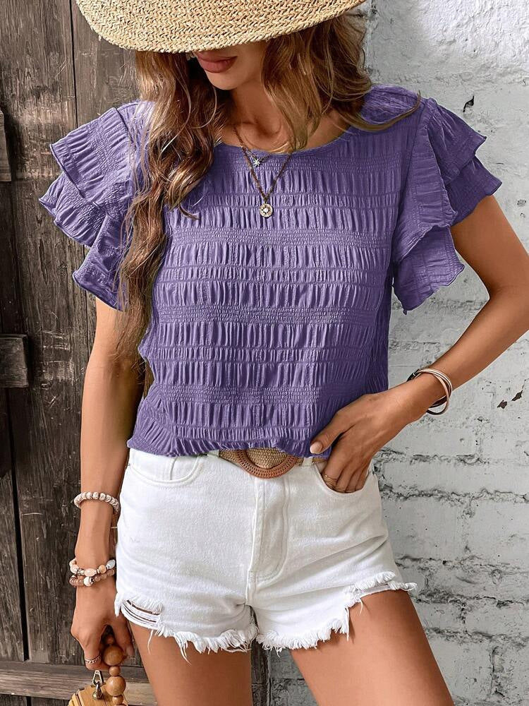 Smocked Short-sleeved Round Neck T-shirt