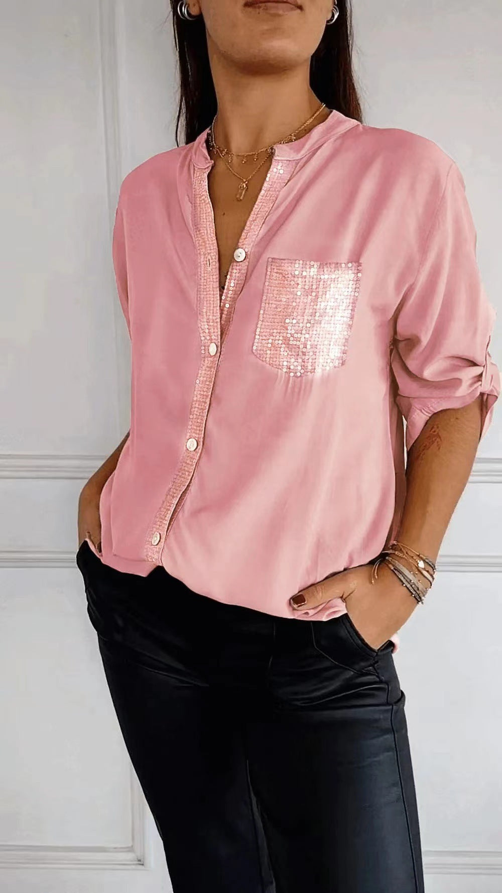 Button-down Long Sleeve Shirt With Sequin Pocket