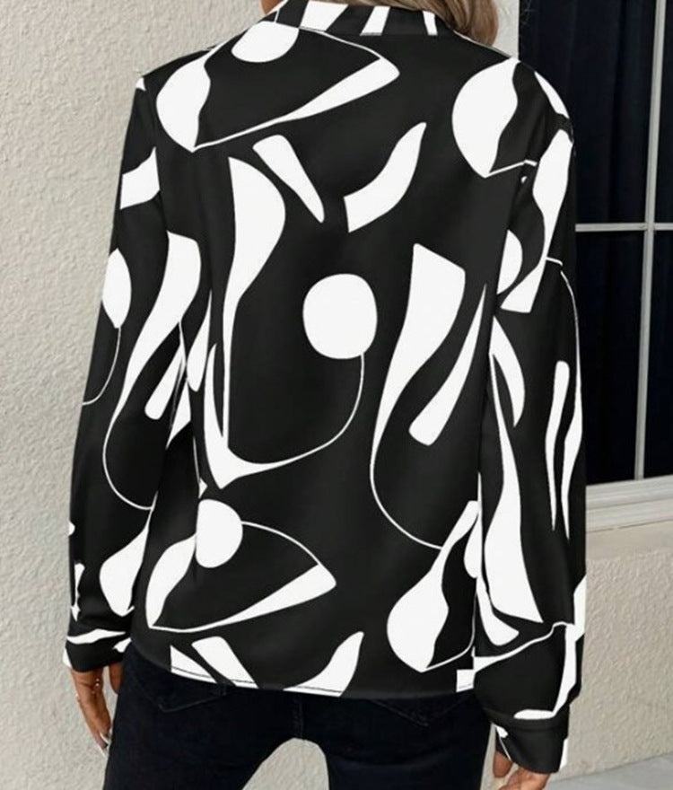 V-neck Long Sleeve Printed Stand Collar Shirt