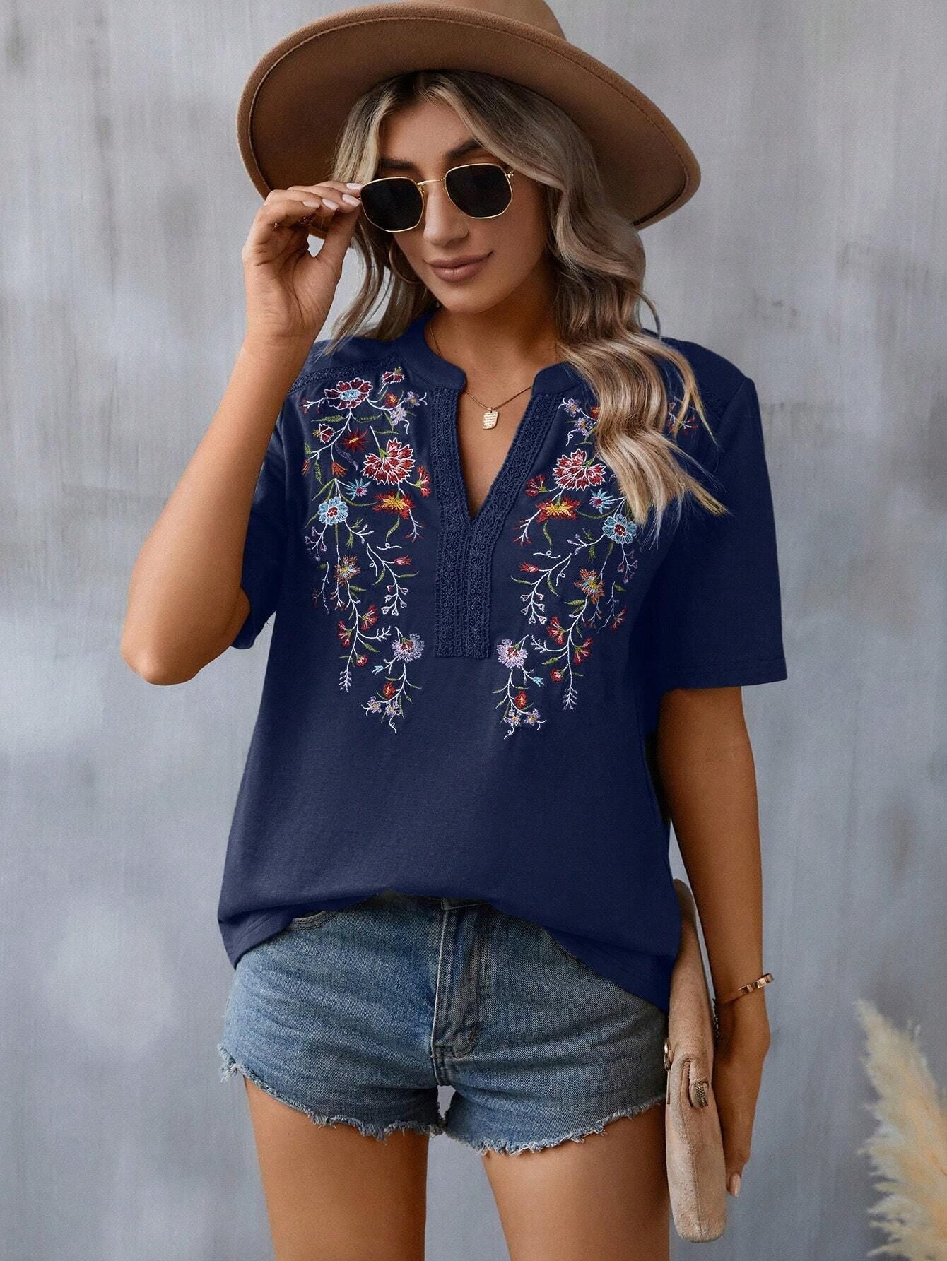 Flowers Embroidery Short Sleeve T-shirt