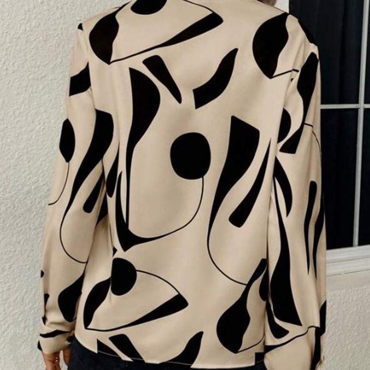 V-neck Long Sleeve Printed Stand Collar Shirt