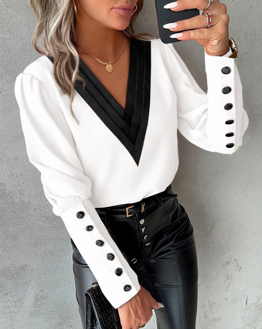 V-neck Button Down Long Sleeve Shirt Top