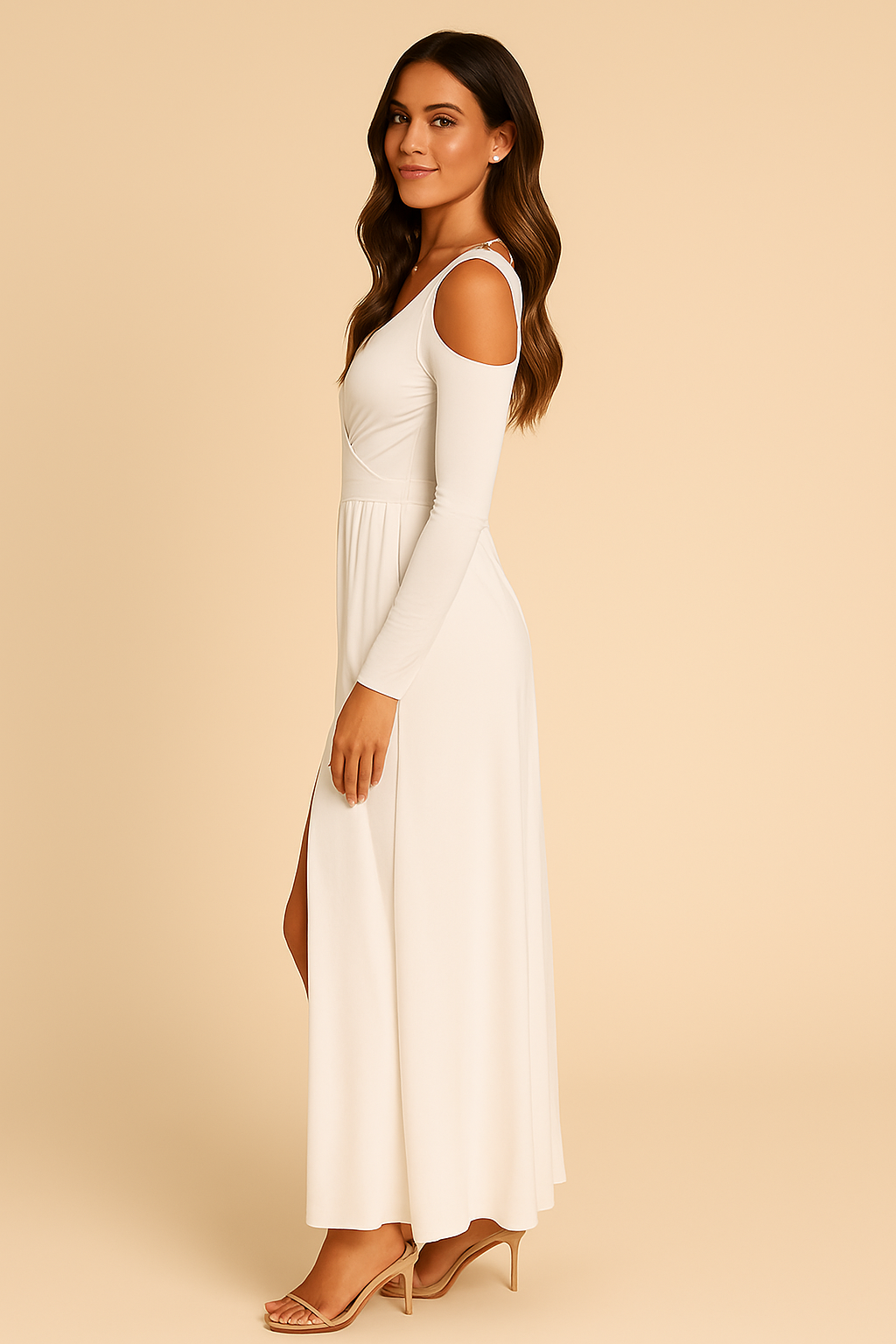 Long-sleeved V-neck Slit Dress