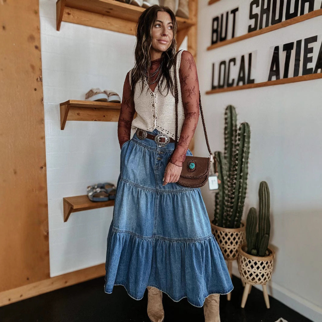 Bohemian A-Line Tiered Denim Skirt