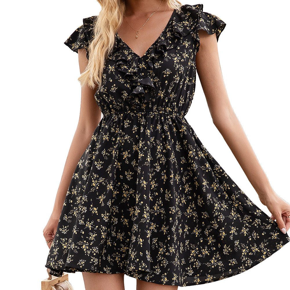 Floral Ruffle V-neck Short-sleeved Dress