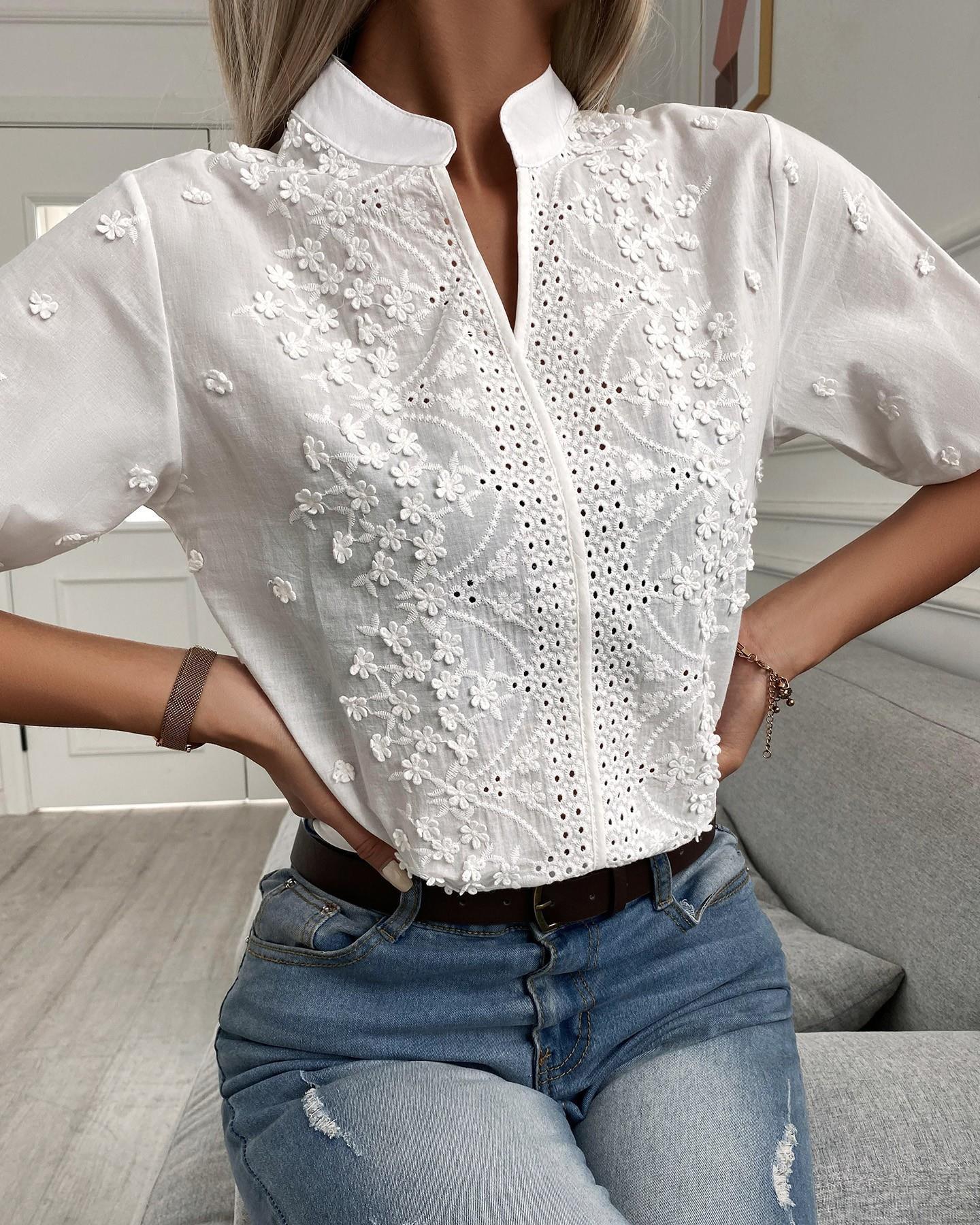 V-neck Stand Collar Embroidery Lace Shirt