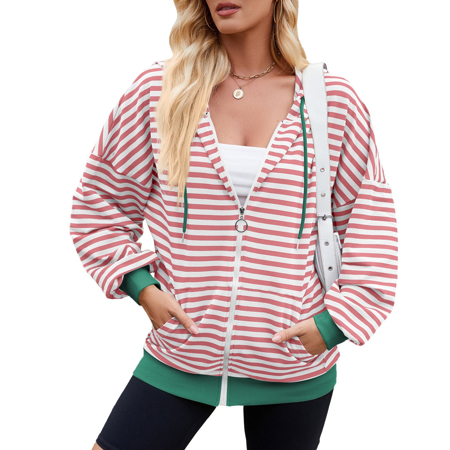 Striped Zipper Hooded Sweatshirt Jacket with Pockets