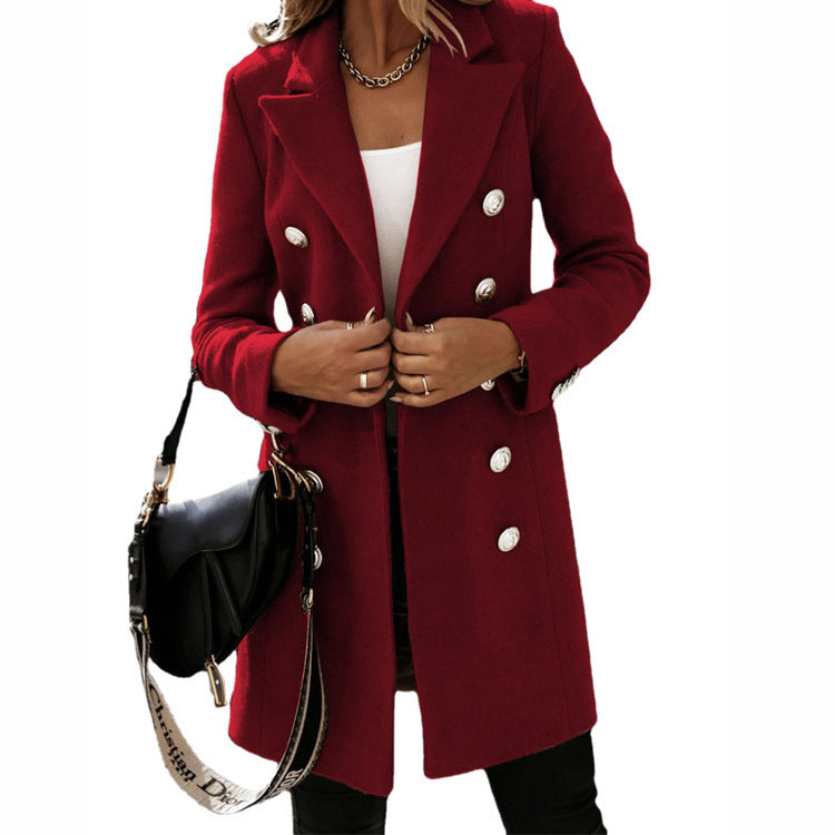 Turndown Collar Long-sleeved Double-breasted Woollen OverCoat