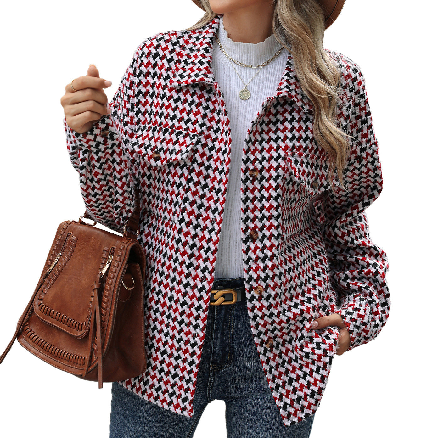 Tweed Loose Long Sleeve Coat With Pocket