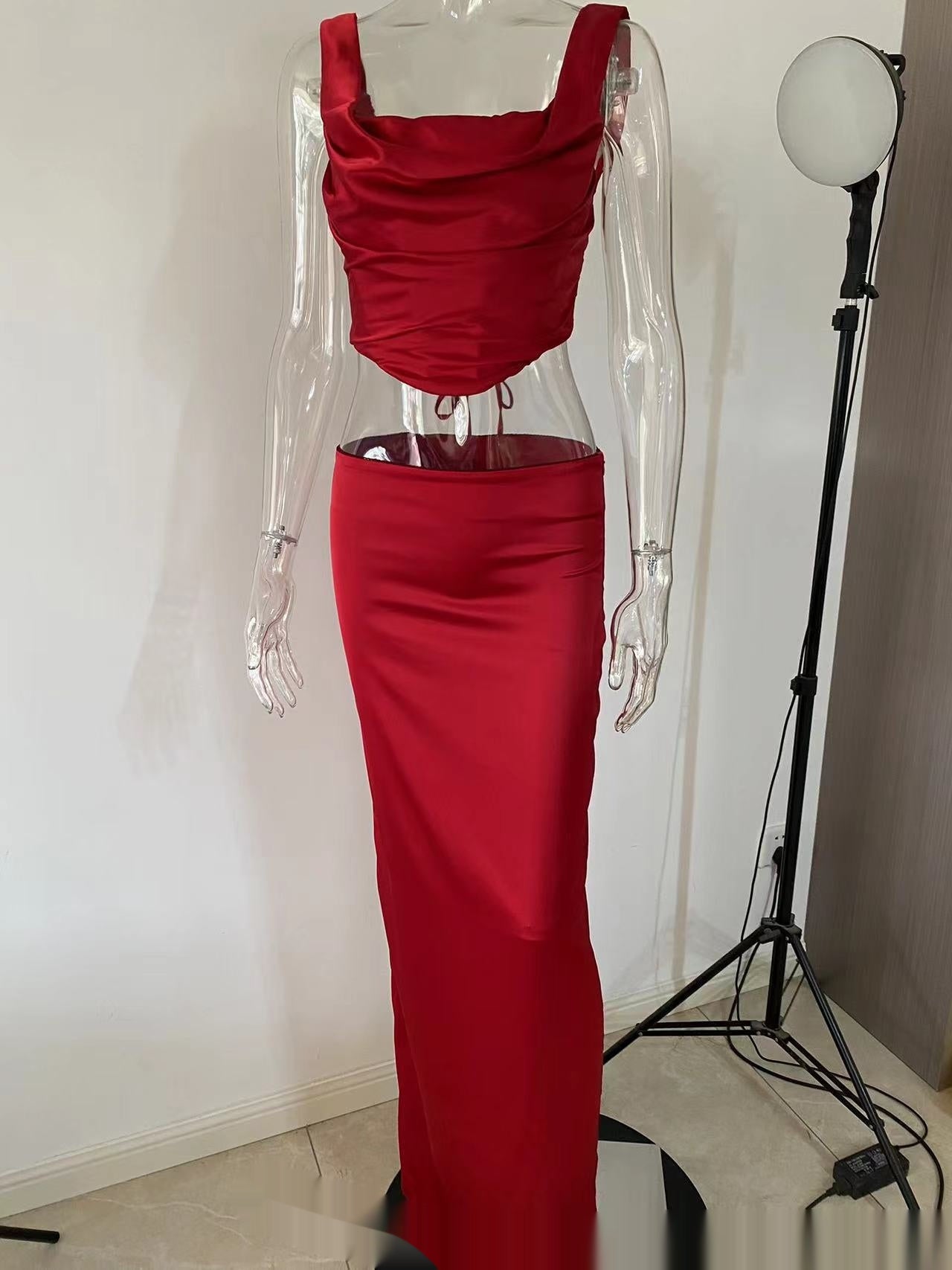 Satin Faux Corset Top and Slit Skirt Co-ord Set