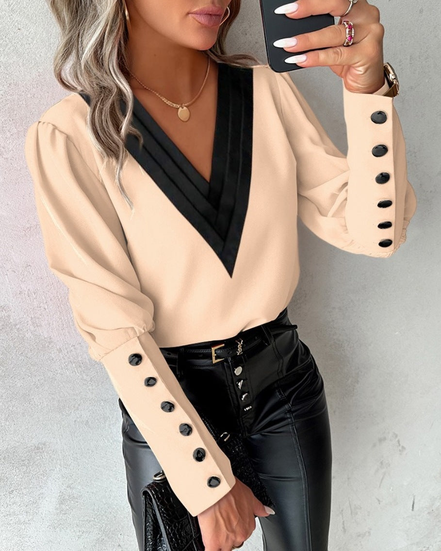 V-neck Button Down Long Sleeve Shirt Top