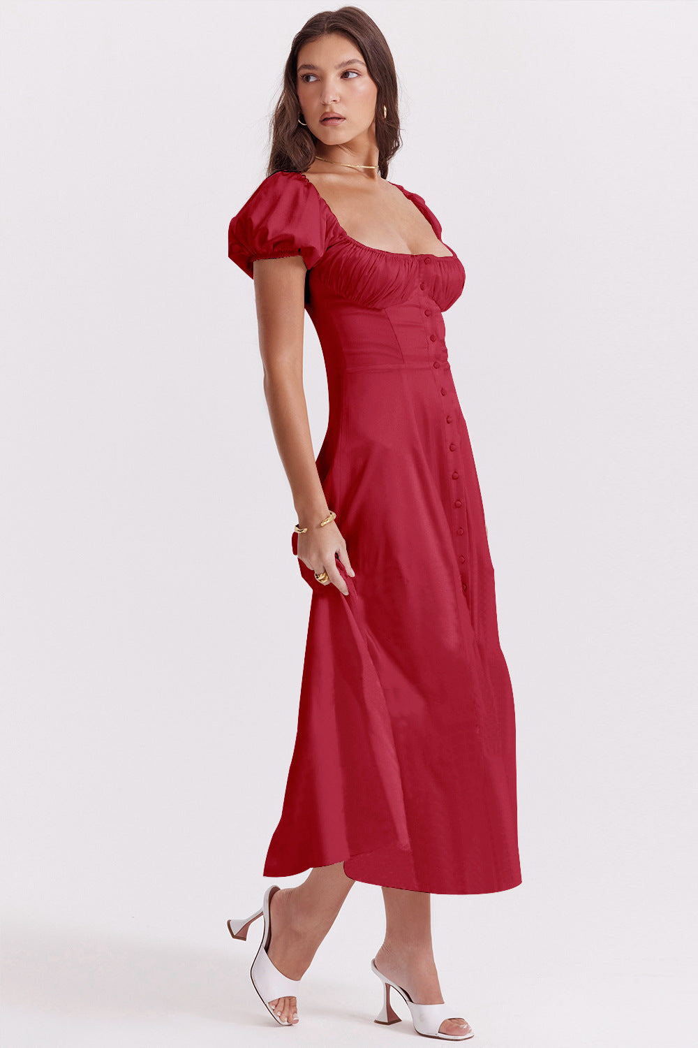 Summer Button-down Gathered Neck Puff Sleeve Dress