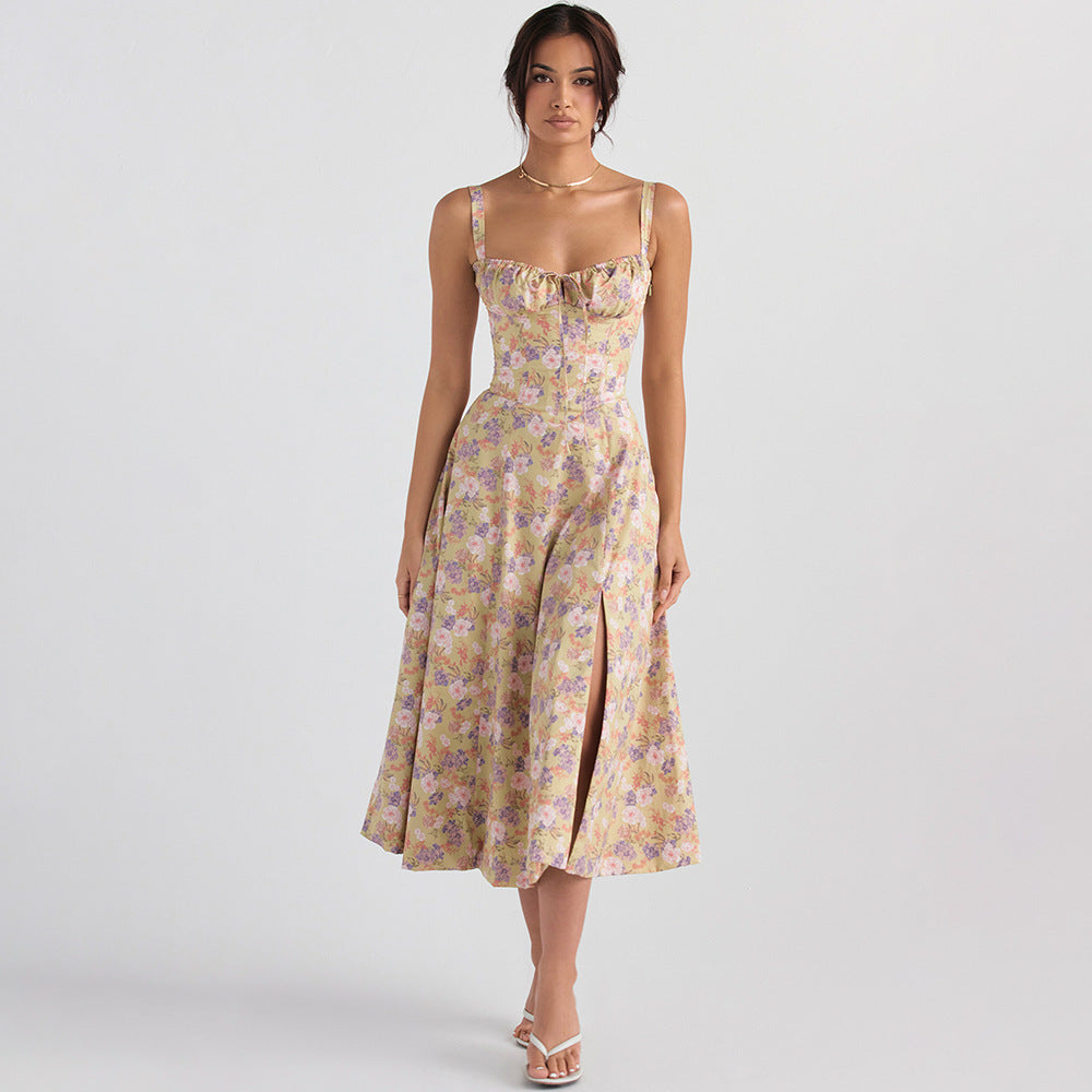 Printed Back Cross Tie Slit Midi Summer Dress