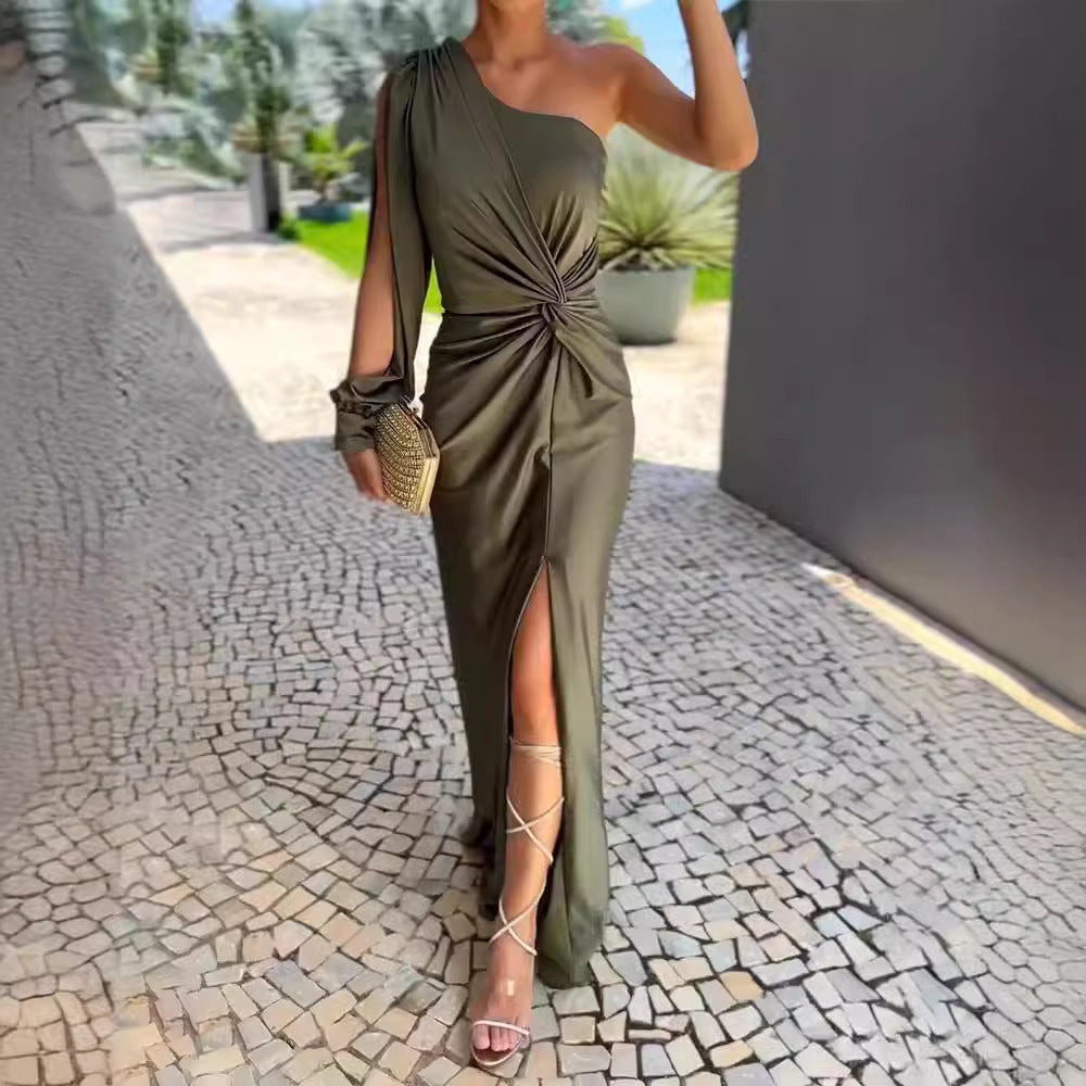One Shoulder Knot Slit Solid Color Slim Fit Dress