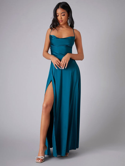 Satin Cowl Neck Wrap Style Gown Dress