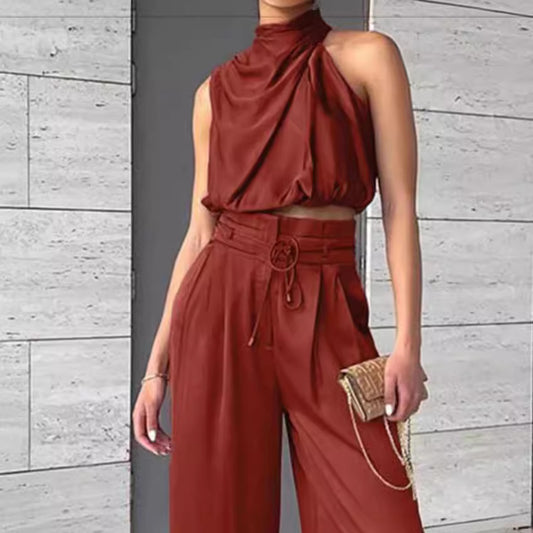 Sleeveless Midriff-baring Top & Wide Leg Pants Co-ord Set