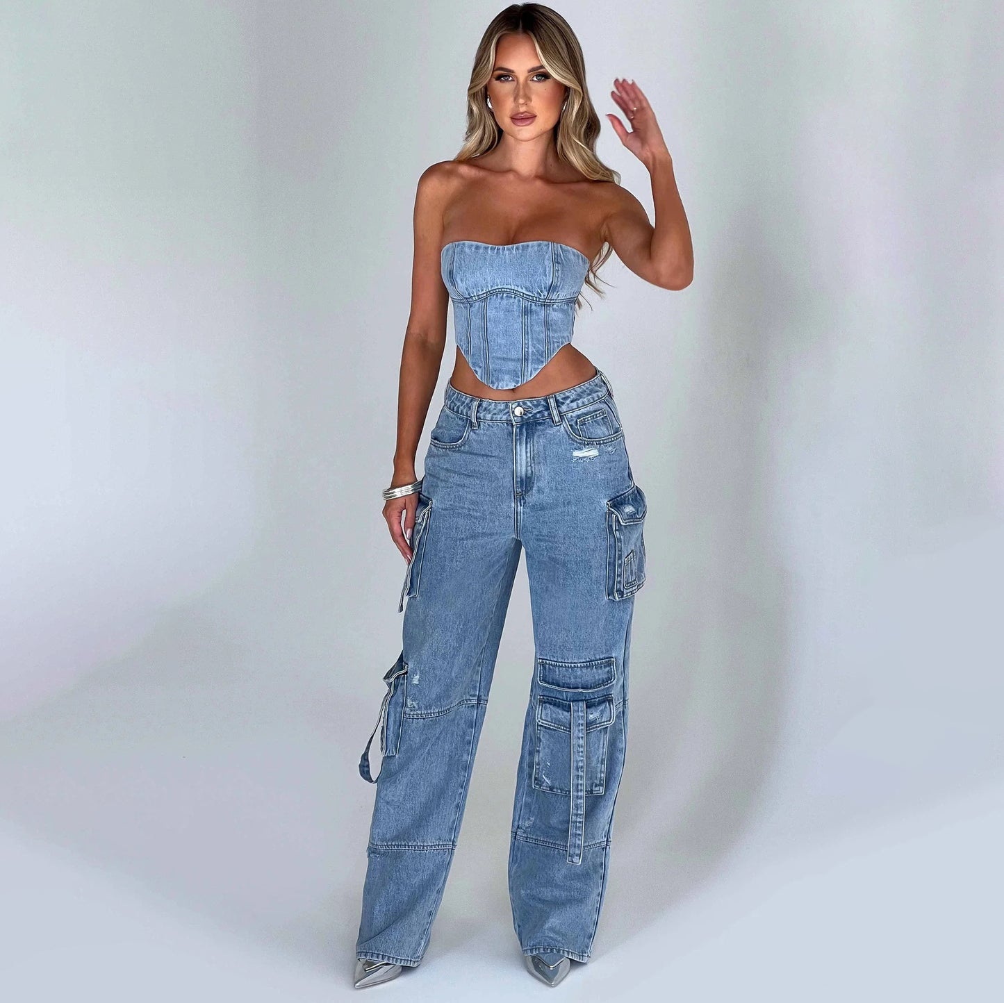 Tube Top & Low Waist Pocket Jeans Pants