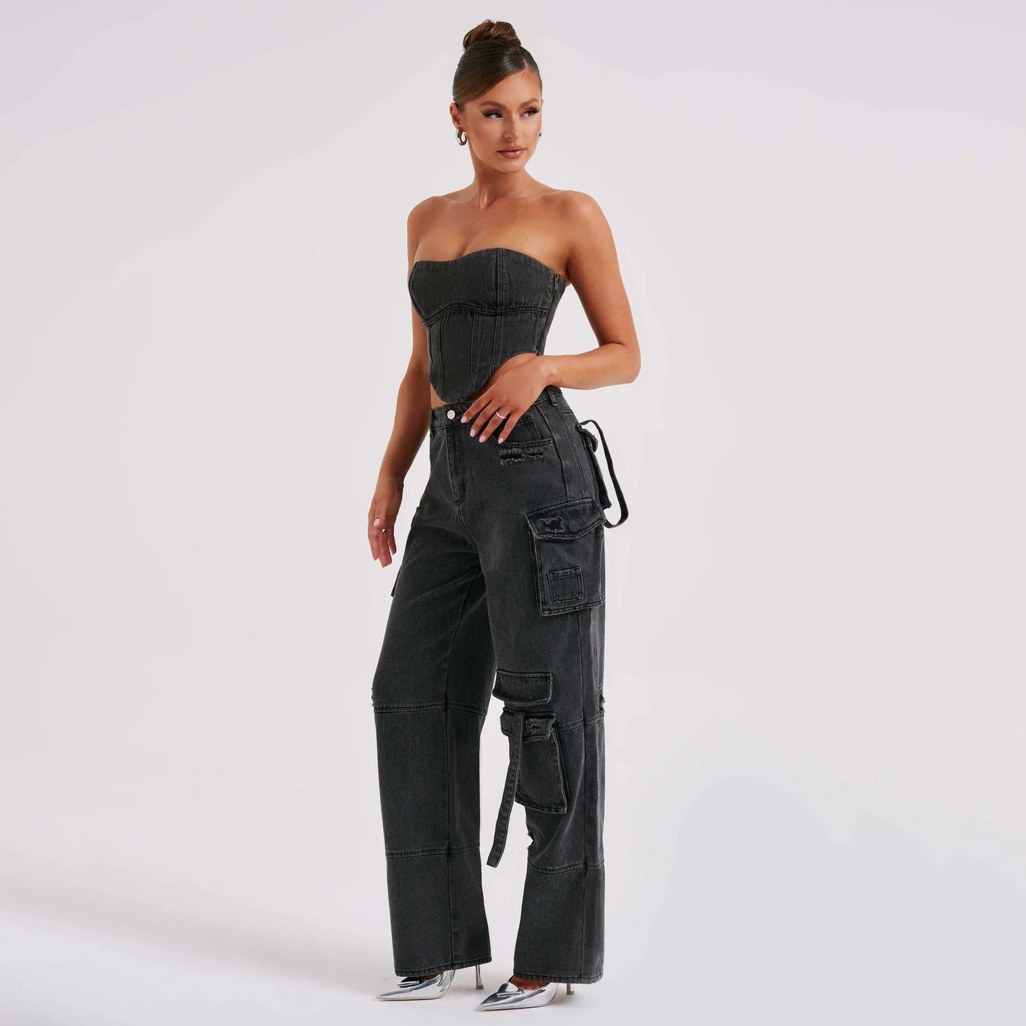 Tube Top & Low Waist Pocket Jeans Pants