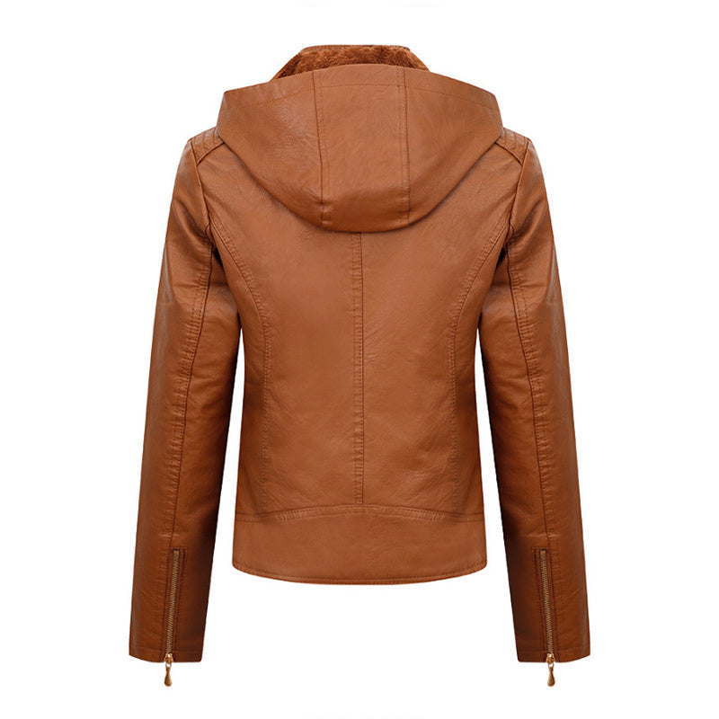 Fleece Lined Hooded Leather Jacket With Pockets