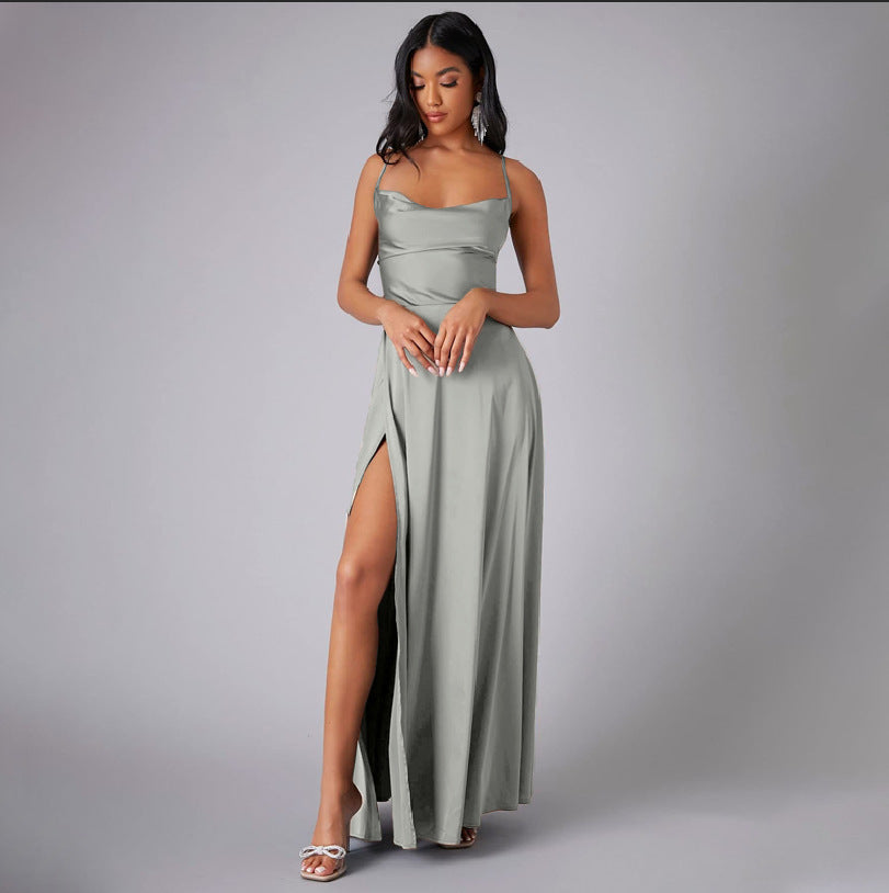 Satin Cowl Neck Wrap Style Gown Dress