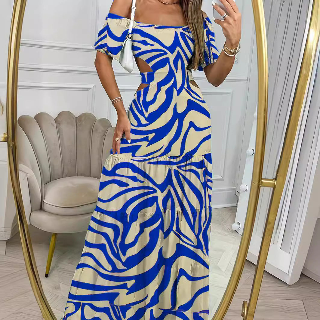 Printed Off-shoulder Waist Cut-out Long Dress