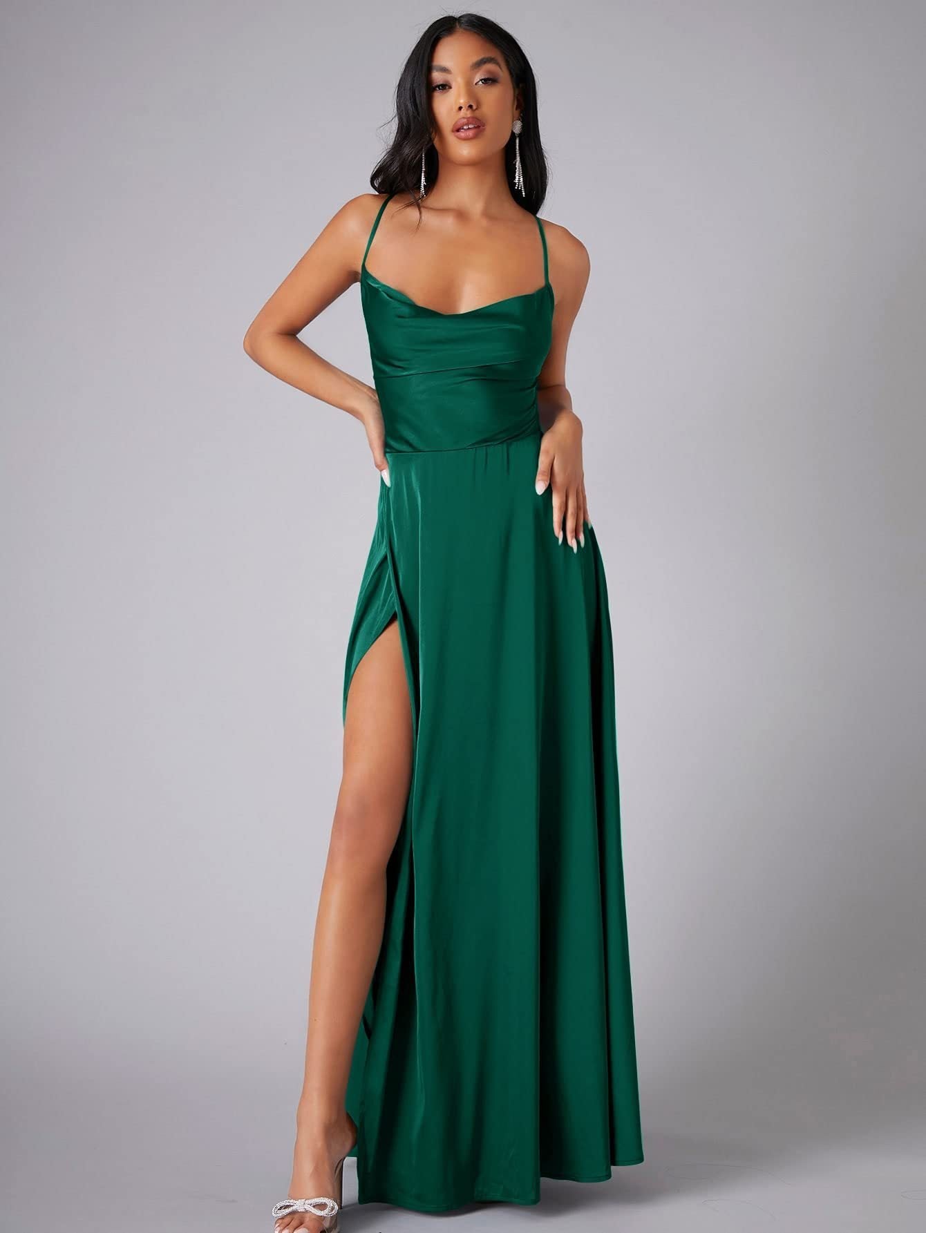 Satin Cowl Neck Wrap Style Gown Dress